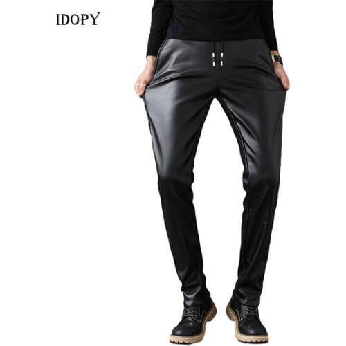 Idopy Men`s Faux Leather Pants Stretchy Black Slim Fit Drawstring Business Casual Velvet Lined PU Trousers For Male