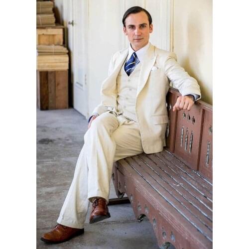 Tailor-Made Beige Linen Men Suit Slim Fit 3 Pieces Wedding Suits Groom Prom Tuxedo Casual Costumes Blazer Terno Masculino