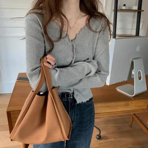 Korean Women Spring Skinny Sweet Single Breasted Knitted T-shirts Full Sleeve Wavy Edge Tshirts Elastic Tops