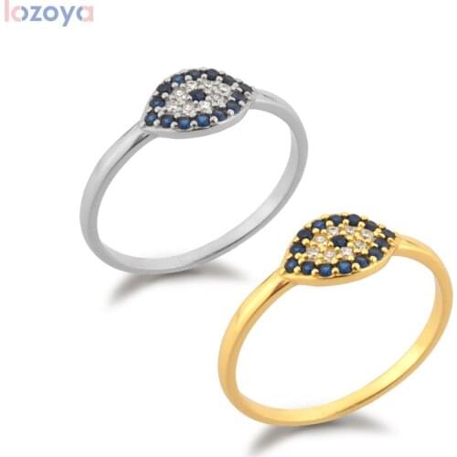 LOZOYA 925 Sterling Silver Gold Blue Fashion Fine Jewelry Devil Eye Lucky Ring Women Slim Luxury ZIrcon Pave Women Gift Rock