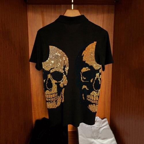 Mens Polo Shirt Loose HD Elements Hot Rhinestone Design Big Skull Shiny Plus Size Short Sleeve Summer