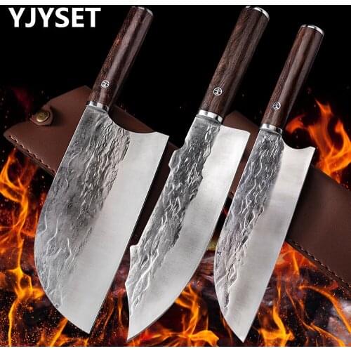 Traditional Forged Kitchen Knife Set Handmade Hammer Stainless Steel Chefs Chopper Cooking Knives Meat Slicer Butcher Knife