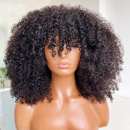 Kinky Curly Scalp Top Wig Human Hair Wig 200% Density Peruvian Remy Hair Silk Base Full Machine Wig with Bangs Natural Black