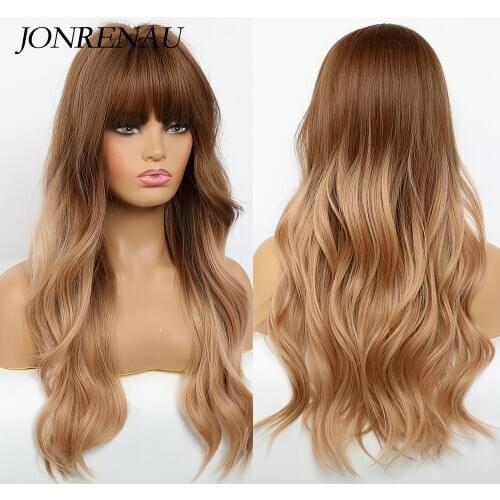 JONRENAU Synthetic Dark Root Ombre Brown Cosplay Wigs with Bangs Long Wavy Cosplay Wigs for White/Black Women Party Wear