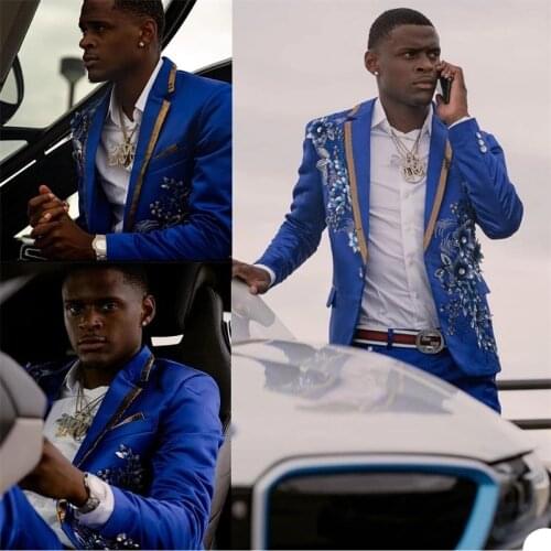 3D Flower Appliqued Beads Luxury Mens Suits 2 Pieces Custom Made Grooms Wedding Tuxedos Terno Masculino Slim Fit Prom Blazer