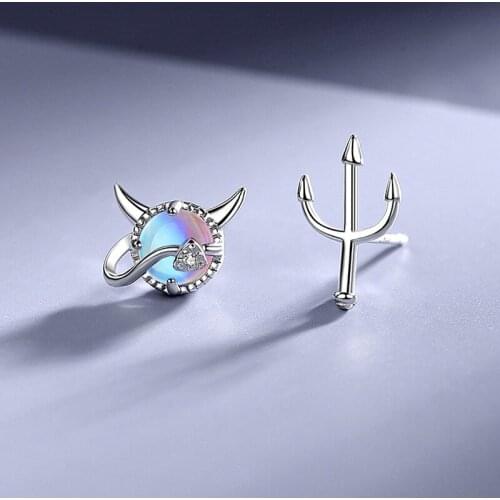 925 Sterling Silver Asymmetry Moonstone Demon Stud Earring For Women Girls Wedding Party Jewelry Pendientes Accessories eh1380