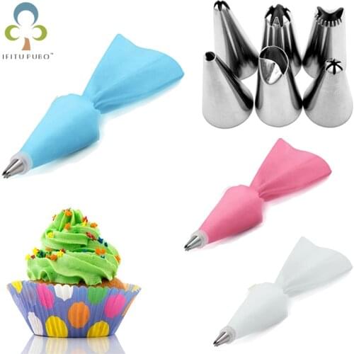 8PCS Silicone Icing Piping Cream Pastry Bag + 6 Stainless Steel Cake Nozzle DIY Cake Decorating Tips Fondant Pastry Tools WYW
