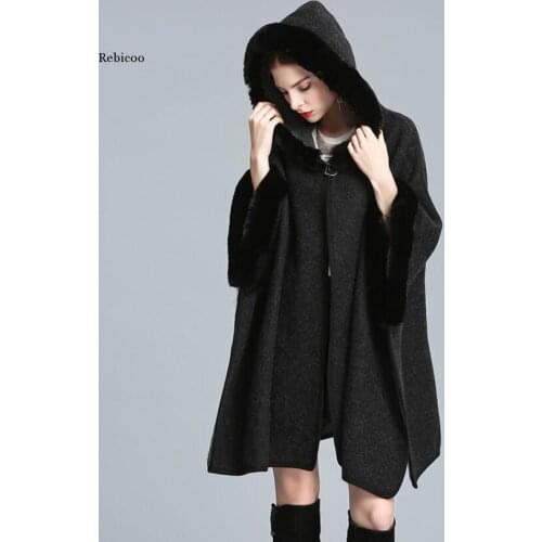 Loose Single Button Cardigan Cashmere Capes & Ponchos Hooded Rex Rabbit Fur Collar Large size Thicken Coat Winter New