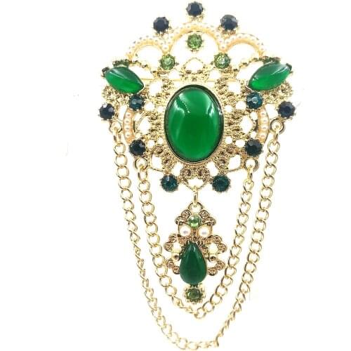 Vintage Goldtone Scroll Foiled Double Chain and Pear Shape Drop Green Badge Brooches and Pins Costume Dress Gown Party Jewelry