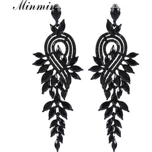 Minmin Statement Black Rhinestone Horse Eyes Long Drop Earrings for Women Vintage Leaf Earrings Fashion Party Prom Jewelry EH946
