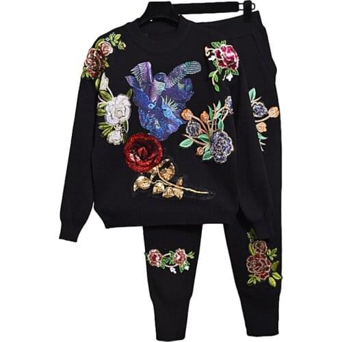 Autumn 2 Piece Set Women Fashion Sequins Flowers Long sleeve Knitted Sweater + Little feet Pants Suit Two Piece Set Ladies H711