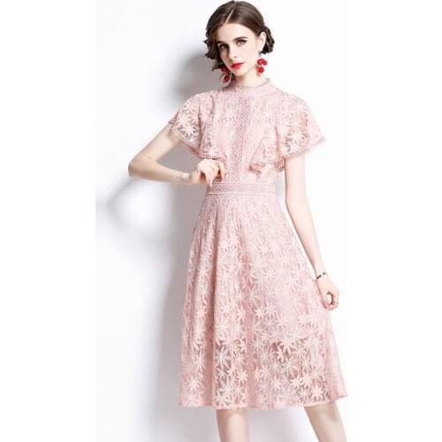 Runway Pink Lace Dress 2021 Summer Women Ruffles Short Sleeve Flower Embroidery Office Party Midi Dress k6770
