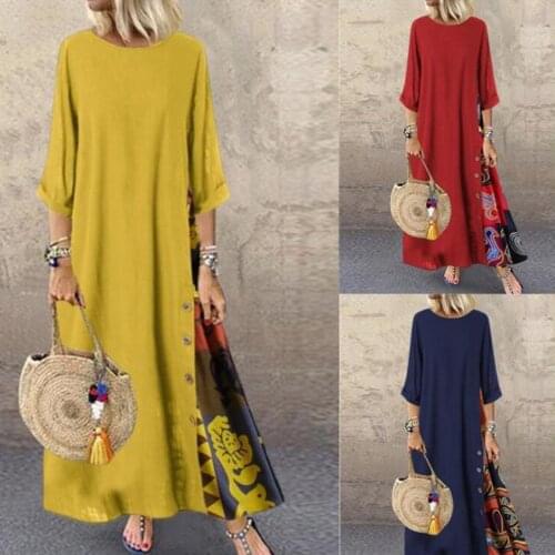 2020 Casual Vintage Stitching Dress Womens Maxi Sundress 3/4 Sleeve Summer Vestidos Female O Neck Floral Robe Plus Size