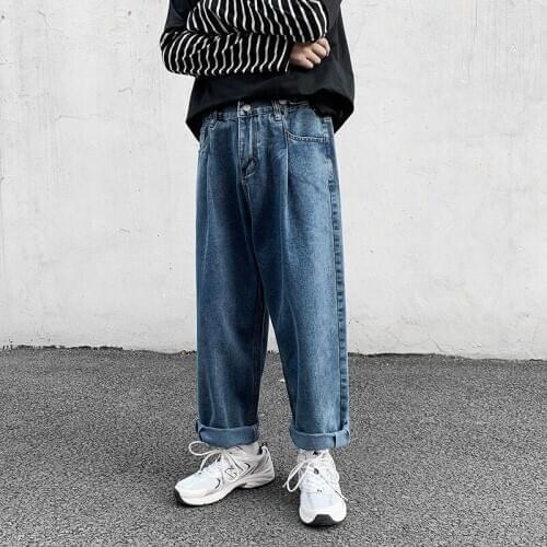 2021 Mens Fashion Wide Leg Pants Baggy Homme Casual Pants Cargo Pocket Jeans Black/blue Color Biker Denim Loose Trousers M-5XL