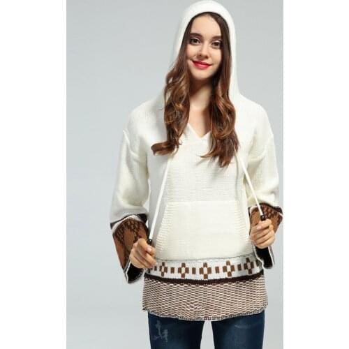 Boho Winter Knitted Sweater Pullovers Women Ethnic Embroidered Long Sleeves Loose Hippie Gypsy Chic Lace-up Hooded Sweaters Tops