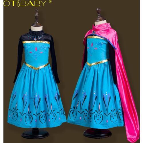 Desiger for Girls Anna Elsa Princess Cosplay Dress with Cloak Children Kids Snow Queen Long Sleeve Birthday Party Dress Costume