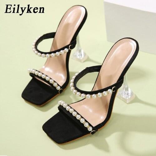 Eilyken New Fashion String Bead Design Women Slippers Outdoor Square Toe Sandals Transparent Crystal Perspex Heels Sexy Shoes