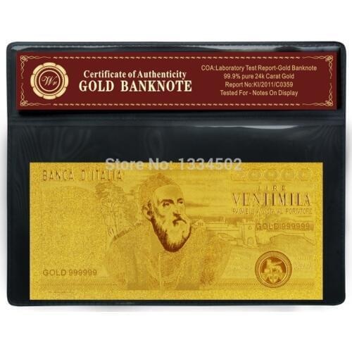 Engraved Exquisite Bank Note Normal Gold Foil Plated Italy 20000 Lire Gold Banknote Gift&Certificate For Business And Collection