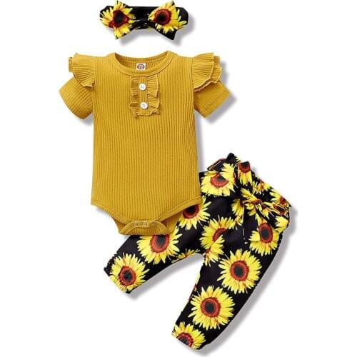 Newborn Infant Baby Girl Clothes Romper Onesie Floral Pant Outfits Set Cotton Baby Girl Clothes Baby Girls' Pant Sets -Yellow
