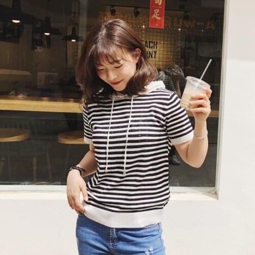 Summer Hoodies Sweatshirts Women 2020 Short Sleeve Stripe Knitted Hollow Out Ice Silk Shirt Pullover Casual Polerones Mujer Top