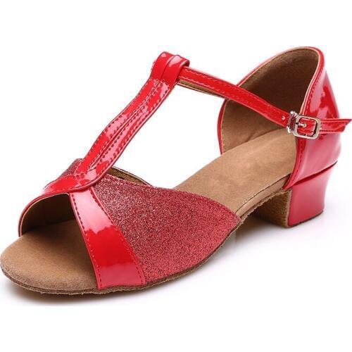 Hot Sale Blue Gold Silver Red Color Kids Girls Children Low Square Heel Ballroom Dancing Shoes Latin Tango Shoes