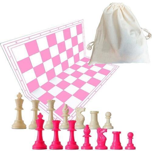 Chess Pack board and pieces pink/White with wool bag