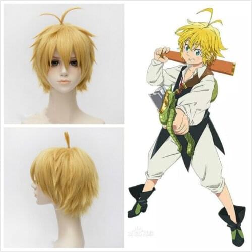 Nanatsu No Taizai The Seven Deadly Sins Meliodas Short Layered Yellow Synthetic Hair Cosplay Prop Halloween Party + Free Wig Cap
