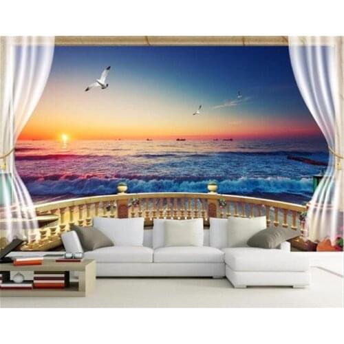 Beibehang Wallpaper 3D Balcony with Beach View Background Modern Mediterranean Mural for Living Room Large Painting Home Decor