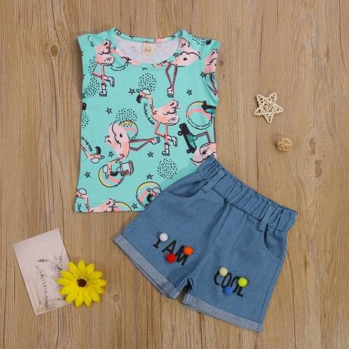 1-5T Girls Casual Cotton Top Shorts Set Flamingo Print Cartoon Sleeveless Vest Denim Crimped Loose Pants