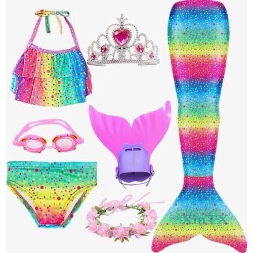 HOT Kids Girls Mermaid Tails with Monofin Garland Crown Mermaid Tail with Monofin Bathing Suit for Girls Swimming Costume