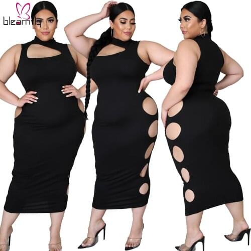 Plus Size 4XL Skinny Sexy Cut Out Hole Dress Bodycon Party Night Club Black Sleeveless Long Dresses Vestido Chic Outfits 2021