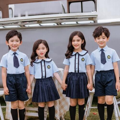 Children Cotton Korean Japanese School Uniform Girls Boys Blue Shirt Navy Pleated Skirts Shorts Clothes Set Student Outfit Suit