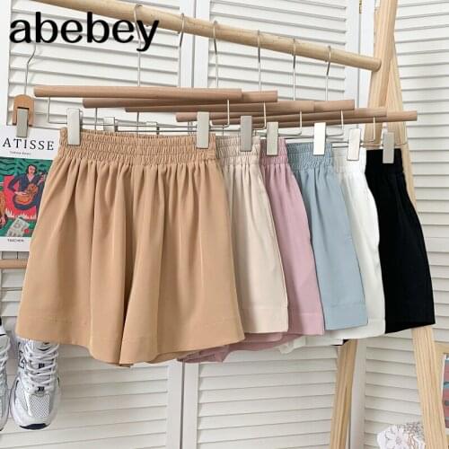 Korean fashion solid Shorts high waist pleated elastic waist casual wide leg Shorts 2021 New Summer Women