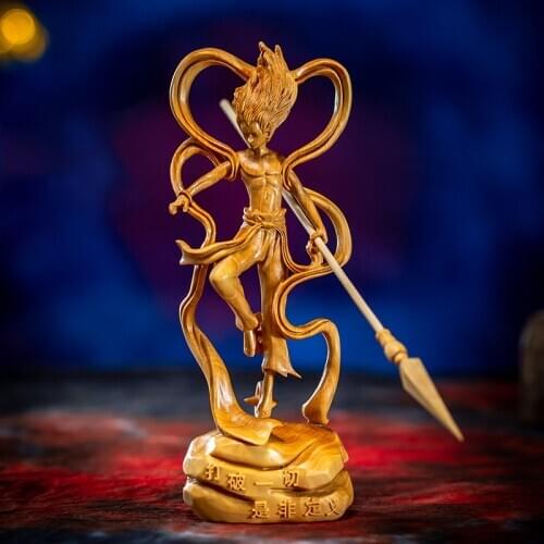 Boxwood 15cm Nezha Sculpture Third Prince Wood Statue Marshal of Zhongtan Ne Zha Mythical Home Decor