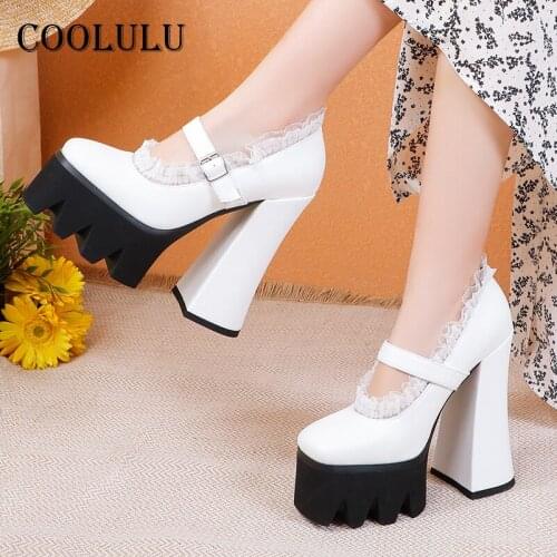 COOLULU Square Toe Super High Heels Mary Janes Shoes Woman Platform Chunky Heel Dress Pumps Buckle Ladies Footwear White Size 43