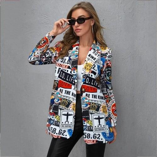 Vintage Letter Irregular Printing Blazer Women Jacket High Street Fashion Fall 2021 Plus Size Elegant Lady Coat American Stylish