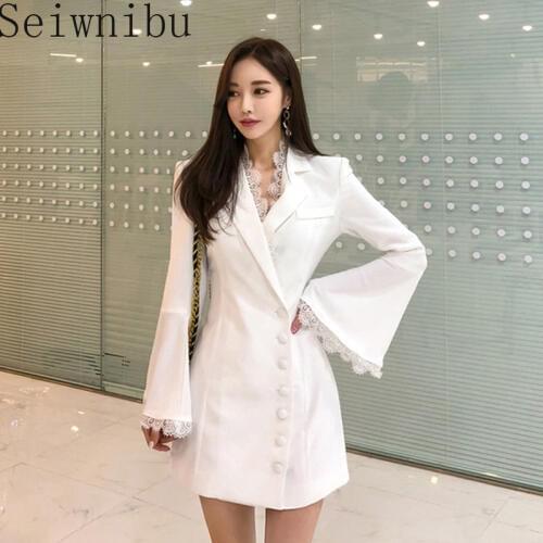 New Fashion Business single-breasted Blazer Work Dress Autumm Women Formal Lace Patchwork Notched Collar OL Bodycon Slim Dress