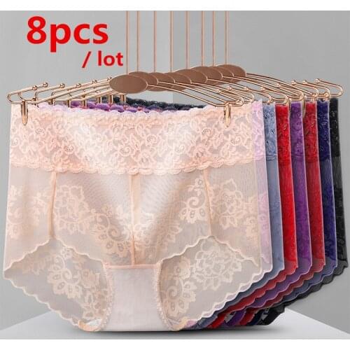 8PCS /lot Women Lace Lingerie Underwear Transparent Soft Breathable Middle Waist Female Panties High Elasticity Thin Breifs