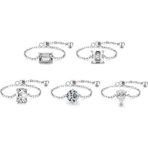Genuine 925 Sterling Silver Dainty Single Zircon Adjustable Ring for Women Cute Chain Rings Fine Jewelry