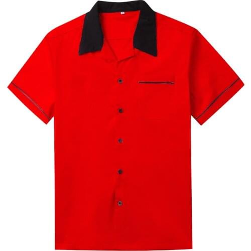 50s Vintage Rockabilly Shirts Men Short Sleeve Punk Rave Shirt Mens Hip Hop Stitching Men Rock-n-roll Apparel Red White Yellow