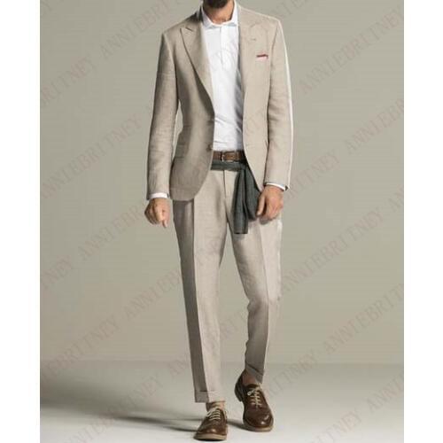 ANNIEBRITNEY Custom Made Beige Linen Beach Men Suits For Summer Tuxedos Masculino Jacket Pants Casual Big Size Male Suits Set