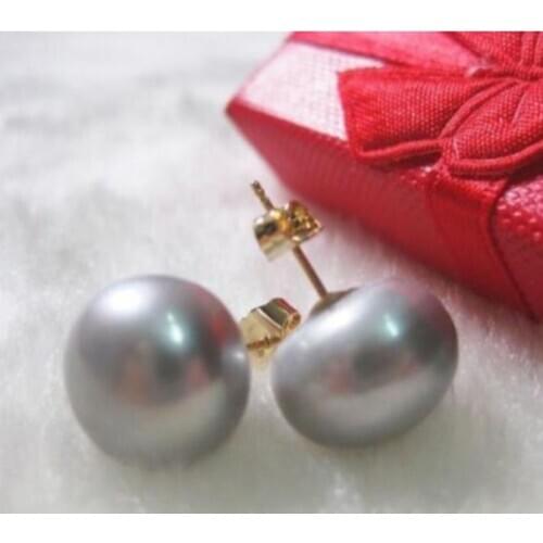 Free shipping Gorgeous AAA 11-12mm south sea gray natural pearl earring 14k/20 yellow gold