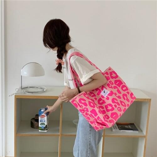 Pink Leopard Print Shoulder Bag Canvas Handbag Women Fashion Tote Bag Large Capacity Female Casual Hand Bags Shopper Handbags