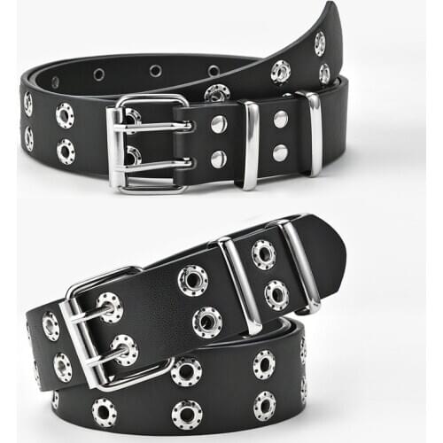 2020 Designer Harajuku Double-row Eyelet Buckle Metal Pin Belt Ladies Fashion Punk Decoration Waist Strap Belts for Women Jeans