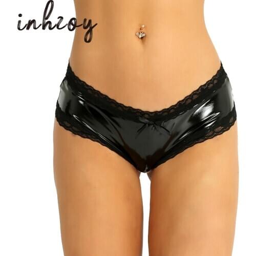 Women Wet Look Patent Leather Lingerie Bikini Erotic Sissy Mini Briefs Crotchless Hollow Out Lace Open Crotch V-Back Underwear