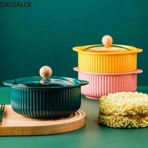 DXUIALO Creative Large Soup Bowl With Lid Ceramic Instant Noodle Bowl Household Binaural Soup Bowl Transparent Glass Lid