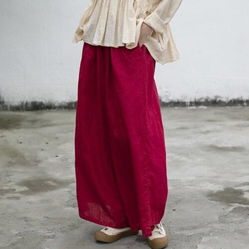 FairyNatural Ladies Cotton Linen Wide Leg Retro Trouser 2021 Summer New Pockets Women Loose Elastic Waist Pants Solid Color