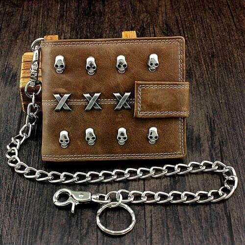 Studded Brown Mens Leather Card Coin Money Biker Wallet With Chain