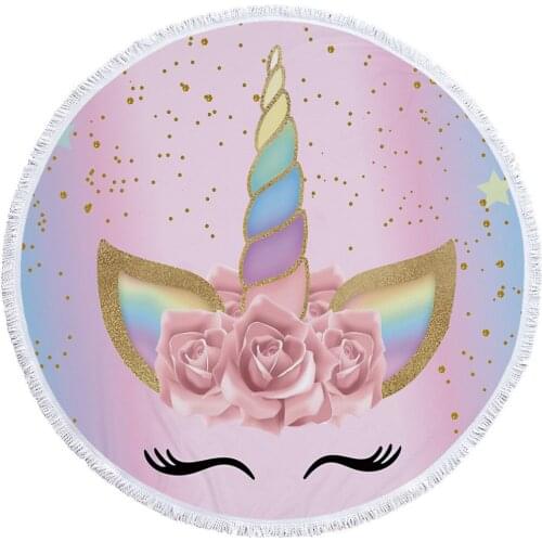 Cute Unicorn Series Beach Towel with Tassel Round Sport Yoga Blanket Girls Kids Microfiber Swimming Bath Towel Diameter 150cm