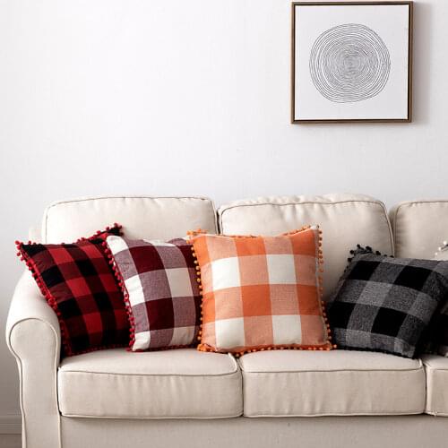 Nordic minimalist style plaid pompom cushion cover home decoration pillowcase 45x45cm cotton and linen sofa pillowcase